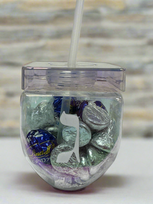 16 fl oz Hanukkah drink-ware Dreidel - Filled with Hersheys Milk Chocolate kisses and 3 Lindt Lindor Dark Chocolate Truffles