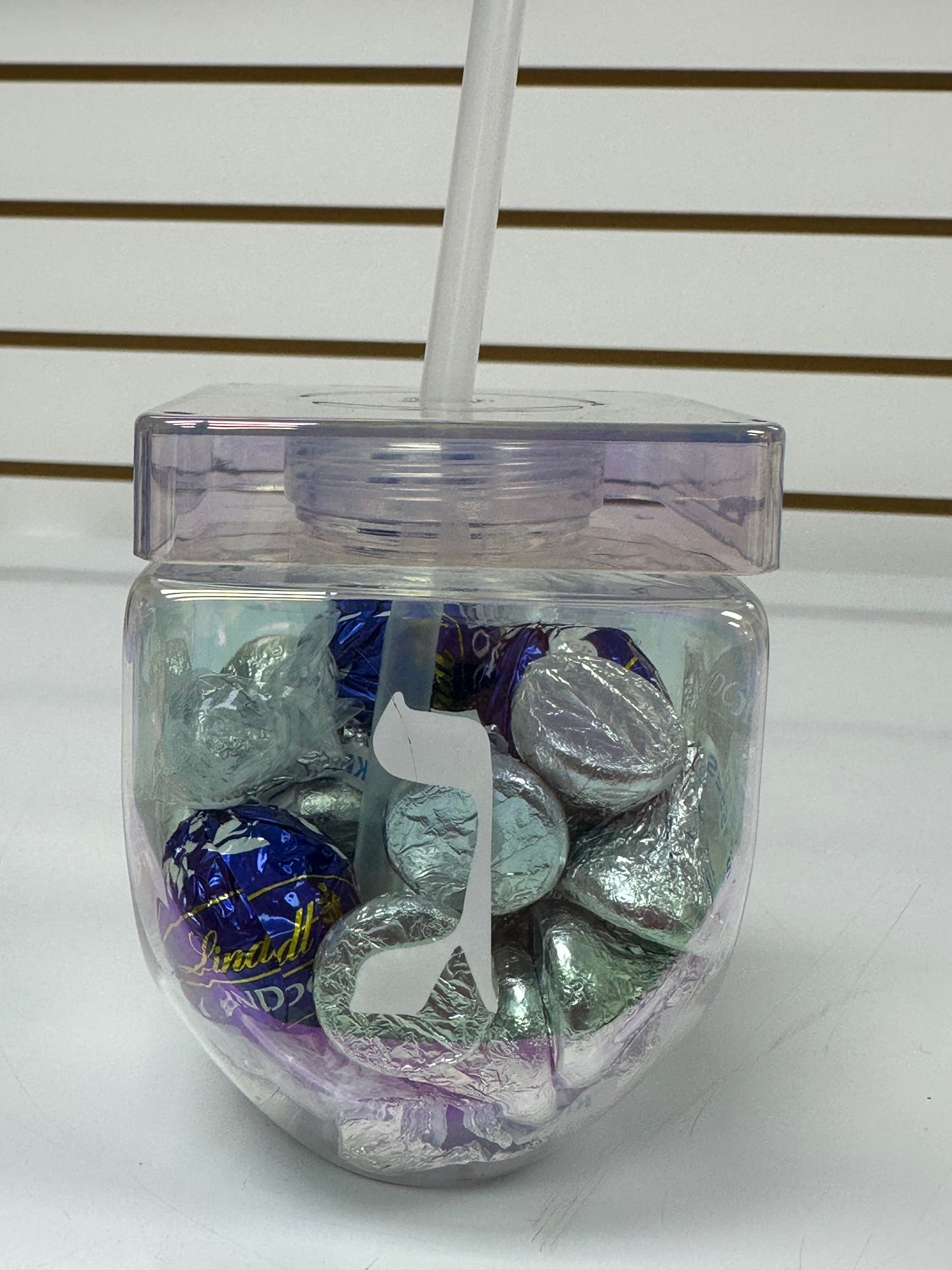 16 fl oz Hanukkah drink-ware Dreidel - Filled with Hersheys Milk Chocolate kisses and 3 Lindt Lindor Dark Chocolate Truffles